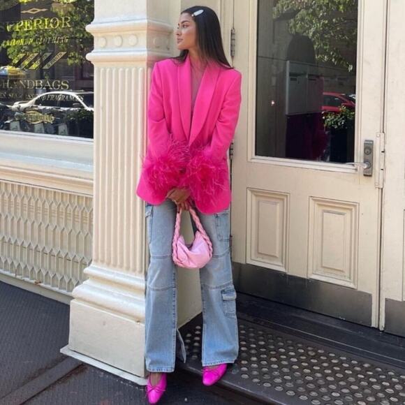 NWT Zara Pink Straight Cut Blazer With Feather Cuff Sleeves. Blogger fave! - Picture 3 of 15